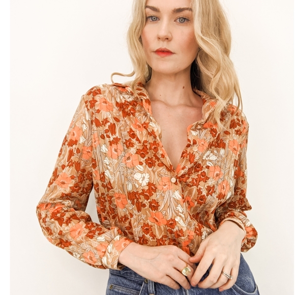 70s Floral Button Down Long Sleeve Blouse - Picture 11 of 17